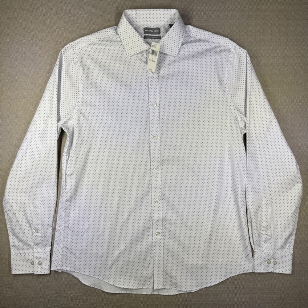 Michael Kors Mens Slim Fit Stretch Shirt White Blue Micro Print 16.5 34/35 NWT